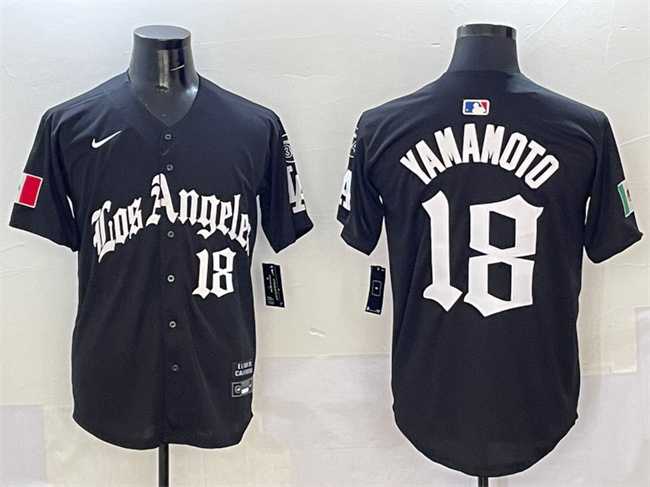 Men%27s Los Angeles Dodgers #18 Yoshinobu Yamamoto Black Mexico 2025 LA Gothic Style With Fernando Patch Vapor Premier Limited Stitched Jersey->los angeles dodgers->MLB Jersey